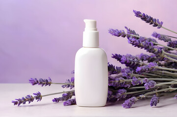 Obraz na płótnie Canvas Cosmetics bottle mockup. Cosmetic bottle on light lilac background with lavender. Beauty, cosmetology, skin care, spa salon