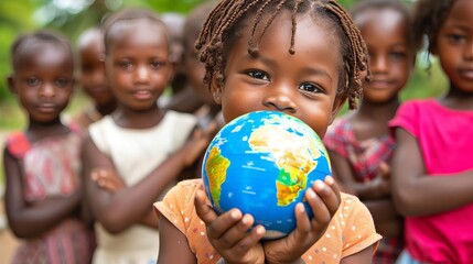 African children promoting peace, holding earth globe on international day with nature background