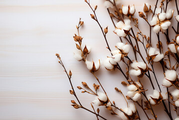 Cotton flowers on a white background with copy space. Cozy winter or autumn