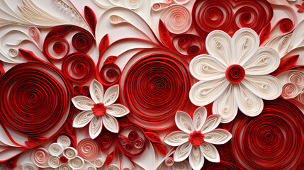Paper quilling of white and red flowers shapes. Quilling paper curls and rolls banner in an abstract panel with copy space. Filigree paper colored background. Quilling hobby examples.