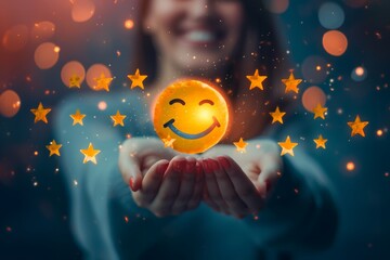 Smiling Emoji client support specialist Smiley, Vector Design symbolic graphic. Star rating love sybol mitten. Happy feedback ball dazzling happy smile. visual analysis crm client service