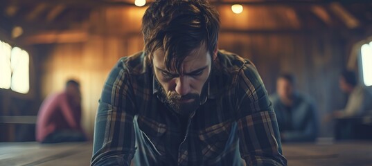 Obraz premium Depressed man at mental health support group seeking solace in anonymous community space