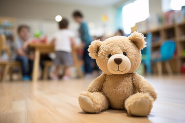 Teddy bear in children day care center, kindergarten or preschool