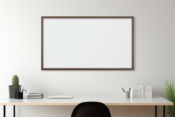 an empty blank white picture frame hanging on a wall above a desk generative by ai
