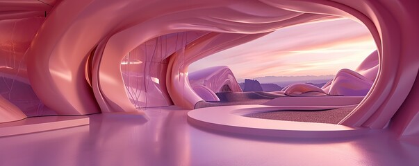 a beautiful room in a futuristic and abstract pink color