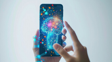 Smartphone screen displaying a human brain hologram . - obrazy, fototapety, plakaty