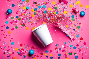 Drinking Paper Cup with Multicolored Confetti Scattered on Fuchsia Background. Flat Lay Composition. Birthday Party Celebration Kids Fun Cheerful Atmosphere. Greeting Card Poster Template. Copy Space