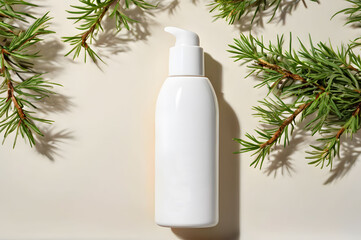 Cosmetics container mockups. White bottle on white background with pine branches. Beauty, cosmetology, skin care, spa salon