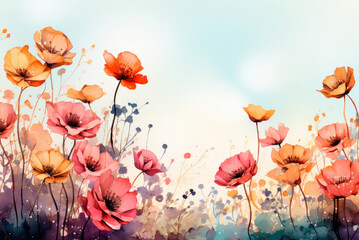 Beautiful pink and orange flowers watercolor painting style with white background