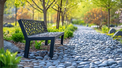 Tranquil park scene with a modern graphite bench along a decorative stone path - obrazy, fototapety, plakaty