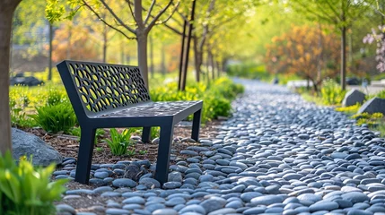 Fototapeten Tranquil park scene with a modern graphite bench along a decorative stone path © nur