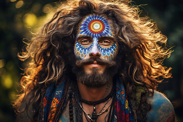 middle aged bearded hippie man with colorful painted makeup, close up - obrazy, fototapety, plakaty