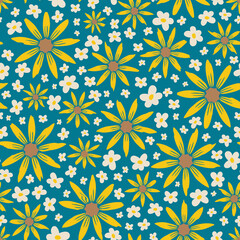 Seamless sunflower pattern. Floral print. Summer flower background. Yellow and white flowers wallpaper. Perfect for fabric, stationary, packaging, wrapping