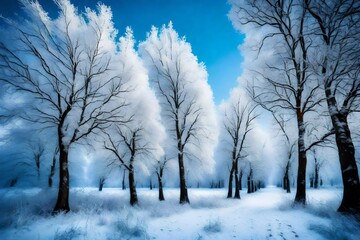 Winter trees covered with frost and blue sky