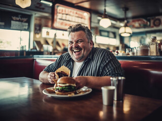 Joyful Man Laughing with Burger at Retro Diner