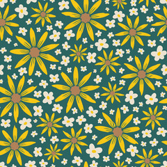 Seamless sunflower pattern. Floral print. Summer flower background. Yellow and white flowers wallpaper. Perfect for fabric, stationary, packaging, wrapping