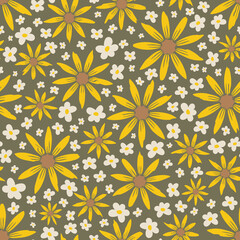 Seamless sunflower pattern. Floral print. Summer flower background. Yellow and white flowers wallpaper. Perfect for fabric, stationary, packaging, wrapping