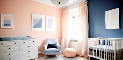 Tender Tranquility: Soft Pastels Infuse a Scandinavian Nursery with the Calm of Peach, Indigo, and Black with Artistic Camera Focus Type