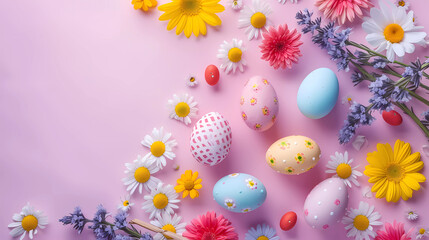 Realistic 3d design Top view banner of easter eggs ,flowers with soft color background.Easter festival background.