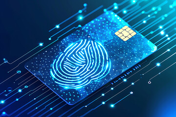 Biometric Fingerprint Security Credit Card. A credit card featuring a glowing fingerprint biometric sensor for secure authentication on a dark, circuit-inspired background. Horizontal illustration
