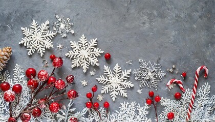 christmas or winter composition snowflakes and red berries on gray background christmas winter new year concept flat lay top view copy space