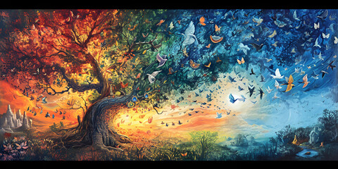 Break free from fear, Be courageous, strong and humble like a tree, A tree with warm and sharp spring colors ,art , birds flying towards and away from tree, sunset 