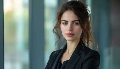 young businesswoman, corporate employee or team coach at professional business training event. Serious unsmiling beautiful young woman in suit standing in office and looking at camera. generative AI