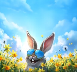 Fototapeta premium daffodil easter bunny, a funny laughing rabbit with reflective sunglasses in field of daffodils is watching the blue sky with copy space for advertising, markting, social media greetings