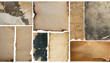 set collection of vintage and antique stained ripped paper scraps or pieces isolated against a transparent background ideal for digital collage designs or base for text grungy design elements png