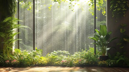 Morning serenity as sunlight filters through a lush forest seen from a window