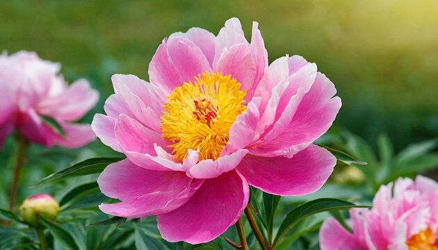 a simple pink peony with a yellow center in the garden on a day