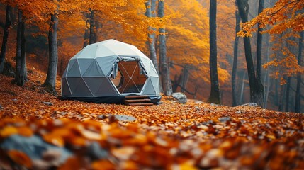 Geodesic dome tent surrounded by the fiery hues of an autumnal forest - obrazy, fototapety, plakaty