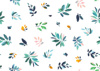 Gouache, floral seamless pattern with colorful leaves. Isolated illustration of abstract leaves for textile, wallpapers or decorative background.  - 728415574