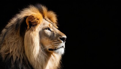 african lion profile portrait isolated on black background spectacular dramatic king of animals...