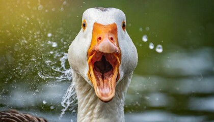aggressive duck attacks close up portrait shot of angry goose with open beak