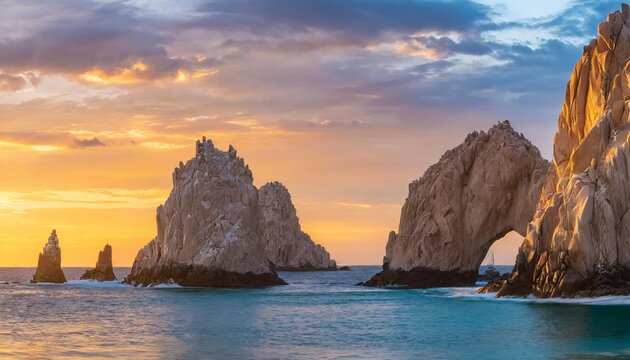 rocky formations on a sunset background famous arches of los cabos mexico baja california sur panoramic image banner format