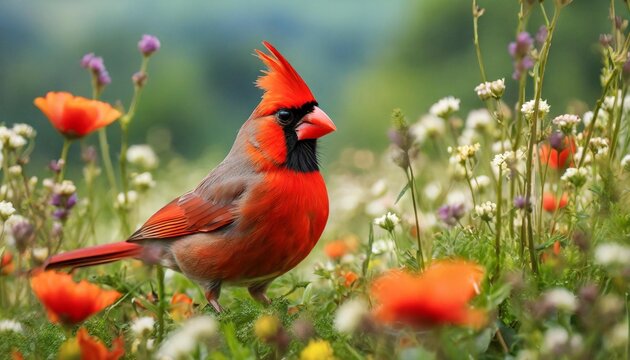 cardinal bird in a flower field