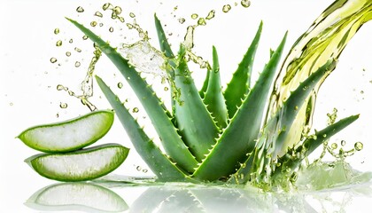 aloe vera plant isolated on white or transparent background slices of aloe vera plant and splash of juice or gel