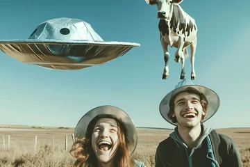 Photo sur Plexiglas UFO man and woman holding metallic hats, flying cow in the sky, exaggerated emotions, futuristic spaceship, ufos in the sky, conspiracy theory concept