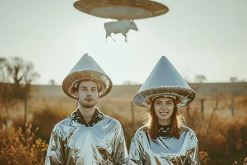 Rugzak man and woman holding metallic hats, flying cow in the sky, exaggerated emotions, futuristic spaceship, ufos in the sky, conspiracy theory concept © zgurski1980