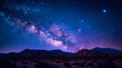A photo of Joshua Tree National Park, with iconic Joshua trees as the background, during a starry night