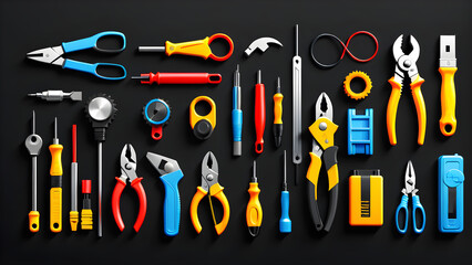3d electrician tools icon clipart isolated on a black background. set of tools for repair