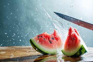 watermelon slices with knife and water drops and splashes on dark blue background - Powered by Adobe