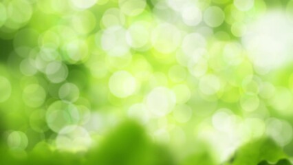 Spring background. Green fresh natural bokeh light with a touch of summer and Environmental Care Concept. Glittering green particles fresh bokeh light.