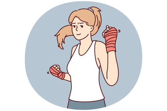Strong woman with boxing bandages on hands looks at camera inviting to fight or play sports. Beautiful athletic girl is engaged in fitness or learning self-defense techniques. Flat vector image