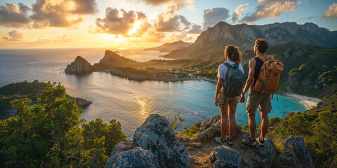 Two hikers with backpacks stand atop a cliff enjoying the breathtaking sunset view over a tropical bay. - obrazy, fototapety, plakaty