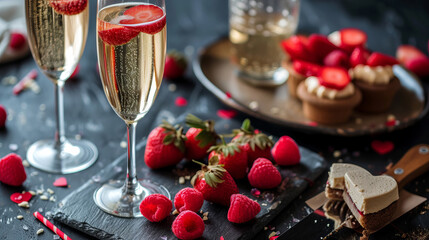 Obraz na płótnie Canvas Champagne or sparkling wine for two for Valentines day with dessert board