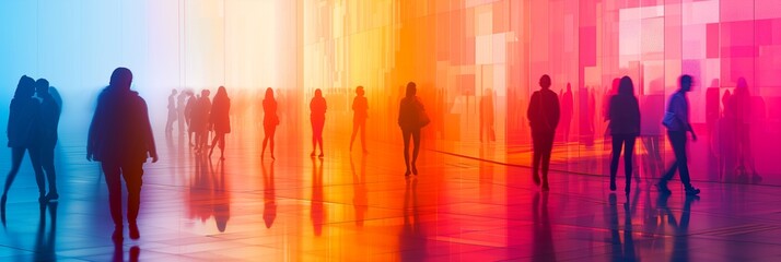 Abstract gradient multicolored banner with people. Background with silhouettes of people, diffused light.