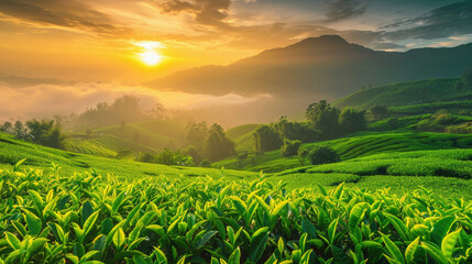 Tea Plantation at Sunrise in the Cameron Highlands, Malaysia, Asia - obrazy, fototapety, plakaty