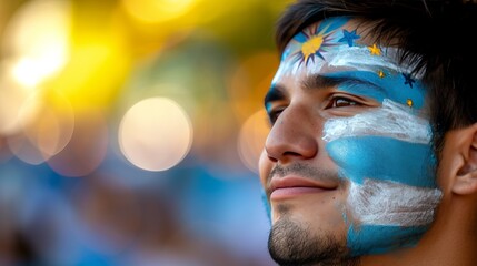 Argentina football fan with painted face in national colors at stadium event, copy space for text